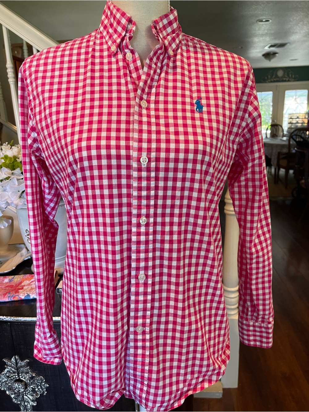 Ralph Lauren Pink and White Gingham Button-Down Blouse